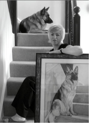 Maria and her German Shepherd Willow together with Willow&rsquo;s portrait